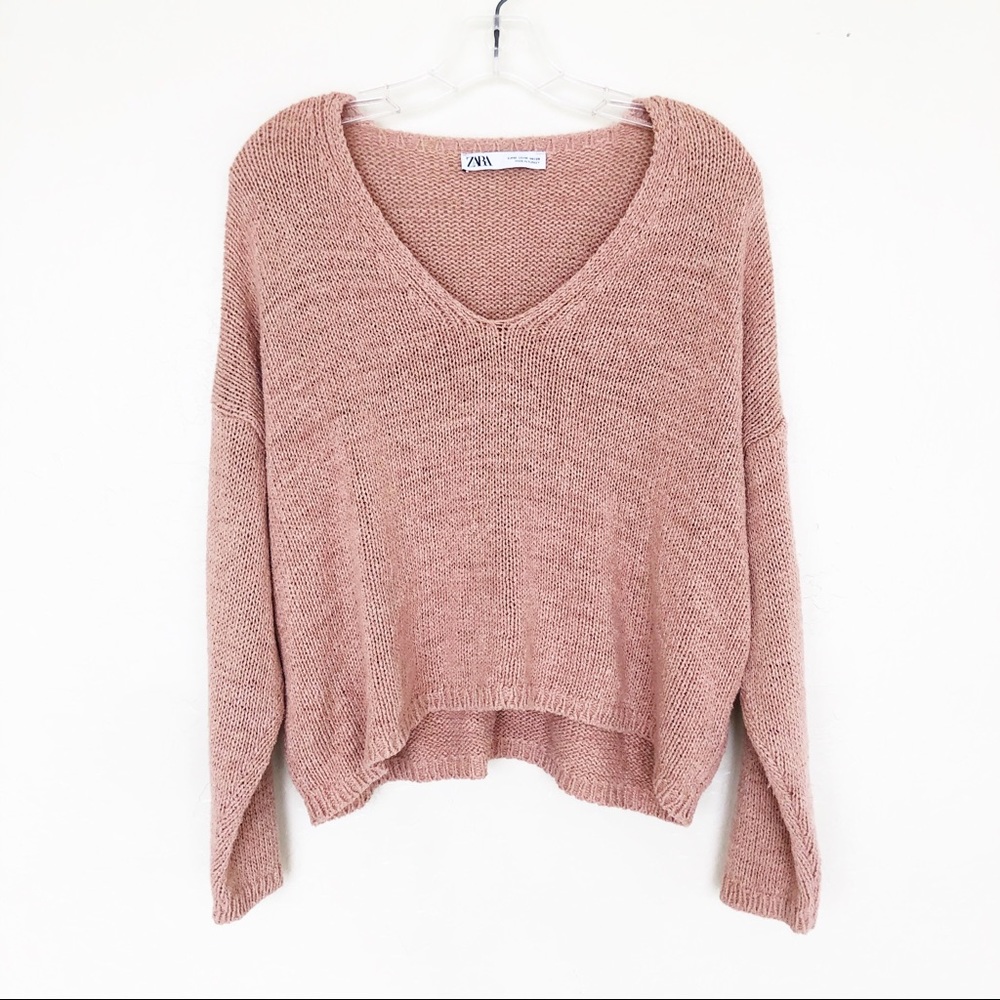 ZARA Pink Chunky Cropped V-Neck Sweater